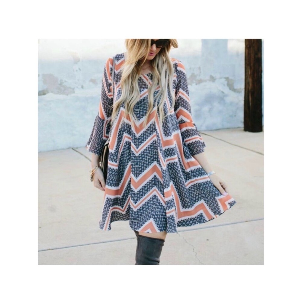 Paper Crane Swing Dress Boho Chic Gray Orange Print Cottagecore Anthropologie